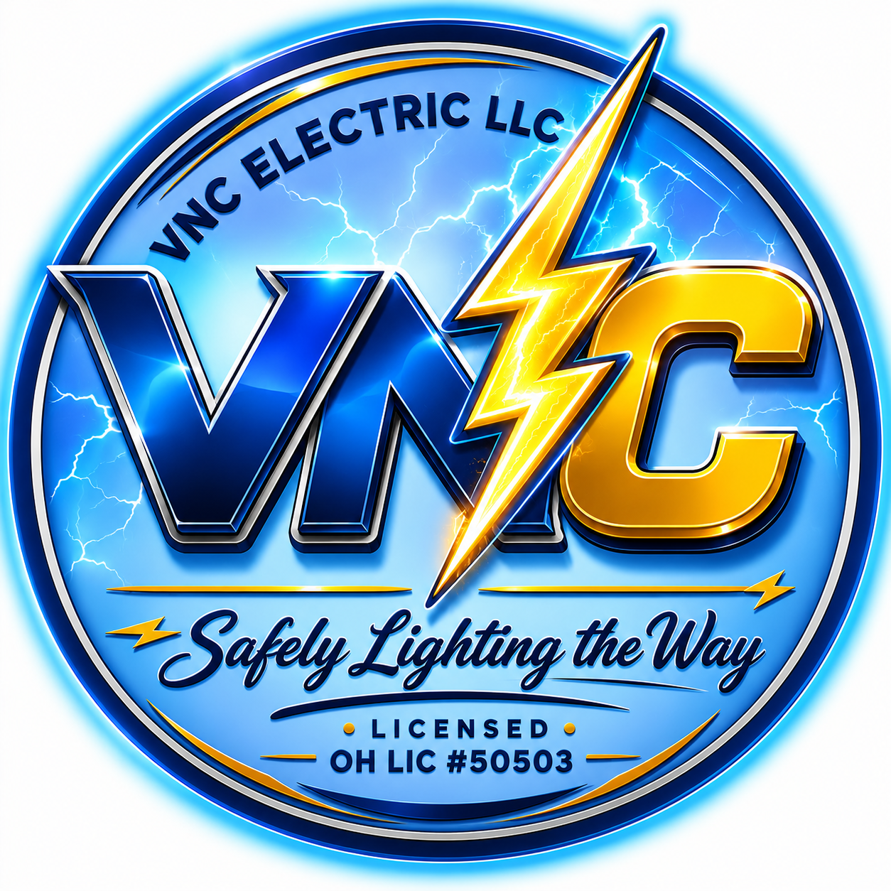 VNC Electric LLC circular emblem — Safely Lighting the Way, OH License #50503